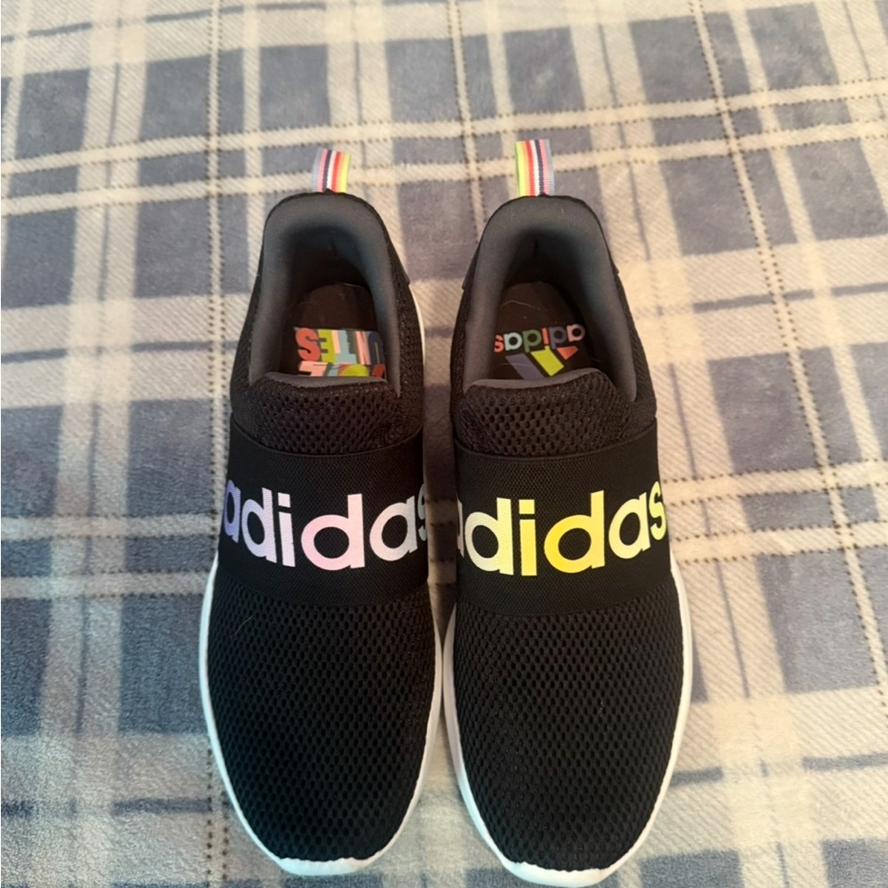 Adidas Women’s Black Slip-On Sneakers with Rainbow Logo Size 8